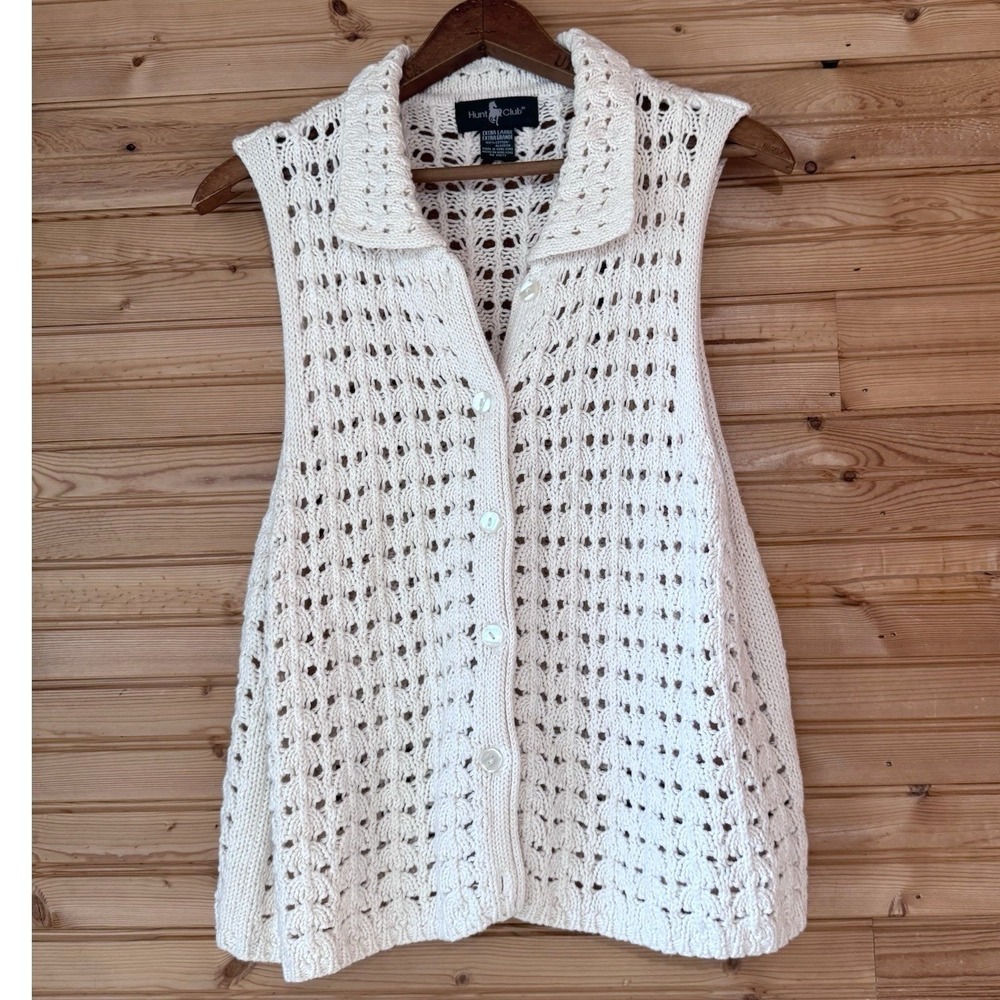 VTG 90s Hunt Club Sweater Vest Cream Crochet Collar XL Heritage Boho Preppy
